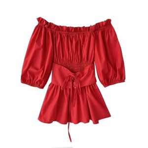 red shirt with corset design